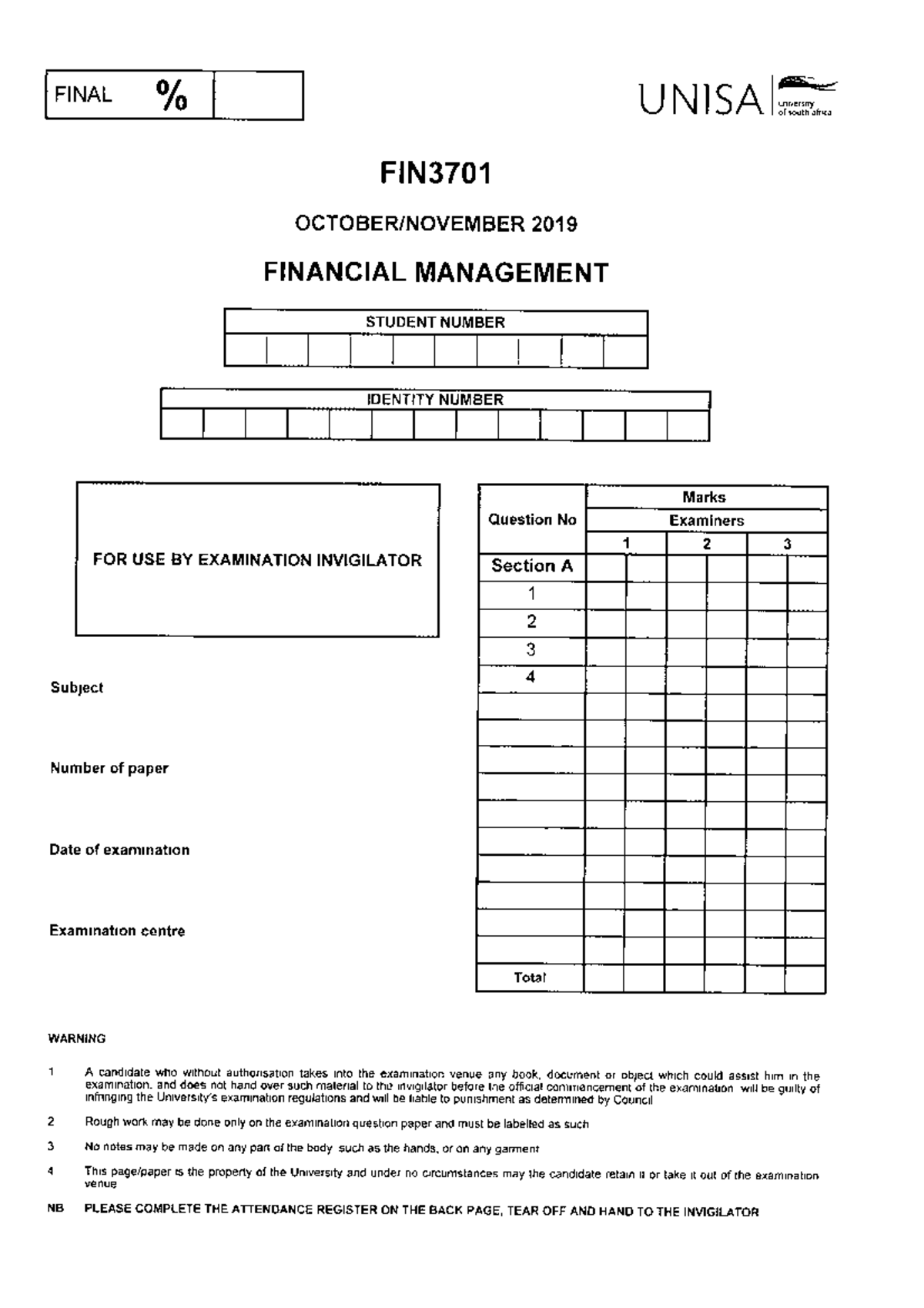 Exam 12 November 2019, questions - FIN3701 - Studocu