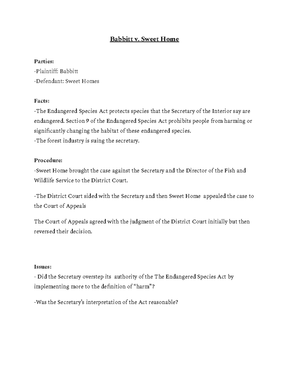 Babbitt v. Sweet Home Case study. Babbitt v. Sweet Home Parties