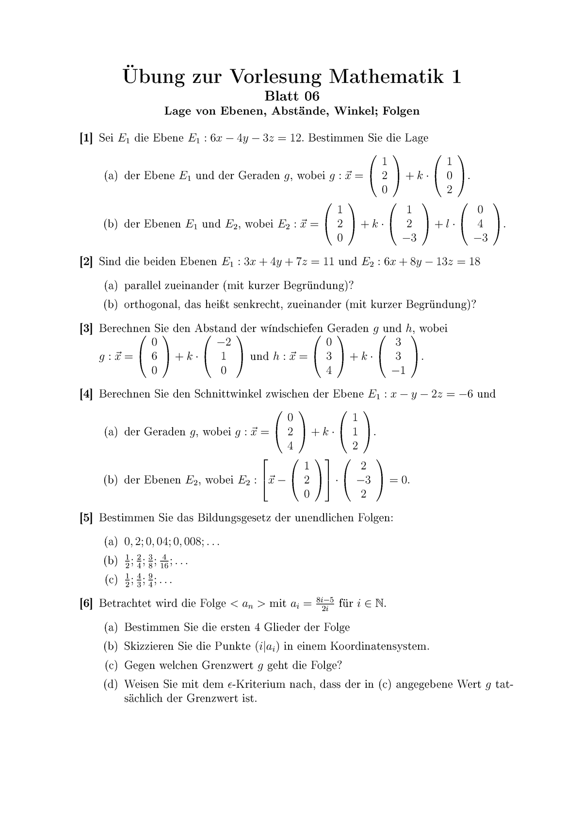 Uebungsblatt Bungsblatt Mathe Bung Zur Vorlesung Mathematik