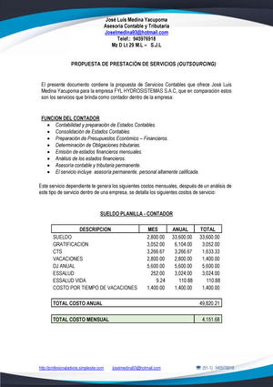 Outsourcing Contable - Propuesta DE Costo - Asesoría Contable y Tributaria  Joselmedina93@hotmail - Studocu