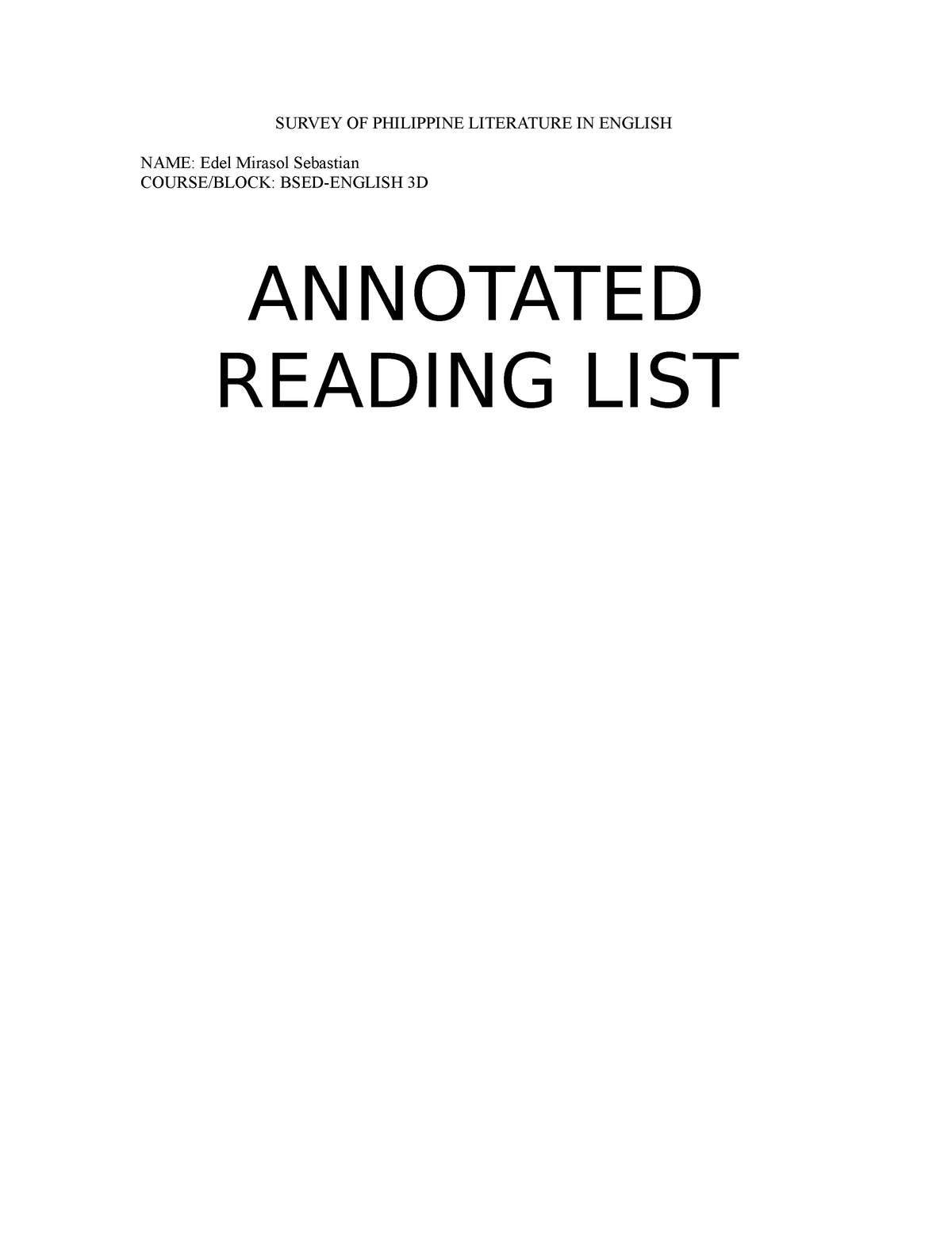 annotated reading list of philippine literature