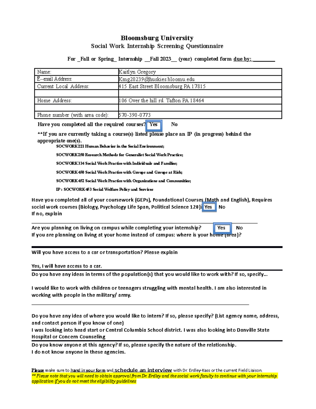 Social Work Internship Screening Questionnaire 2019 Bloomsburg