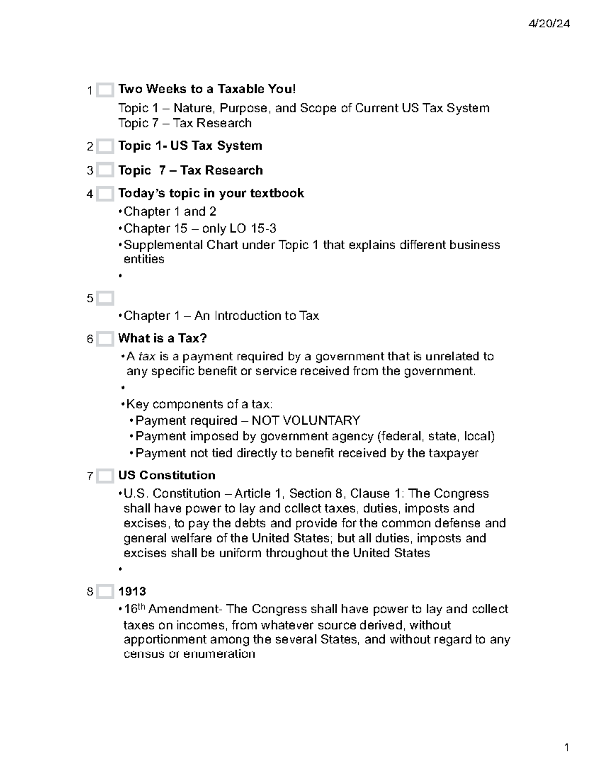 Topic 1 - 4/20/ Two Weeks to a Taxable You! Topic 1 – Nature, Purpose ...