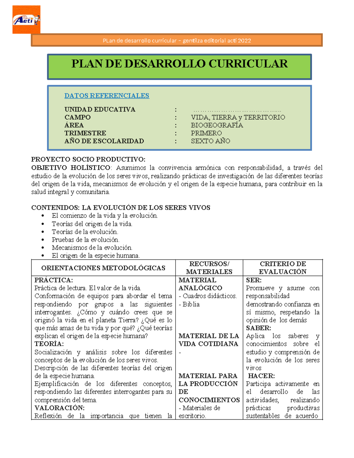 Biogeografía 6TO - PLAN DE Desarrollo Curricular 2021 - PROYECTO SOCIO ...