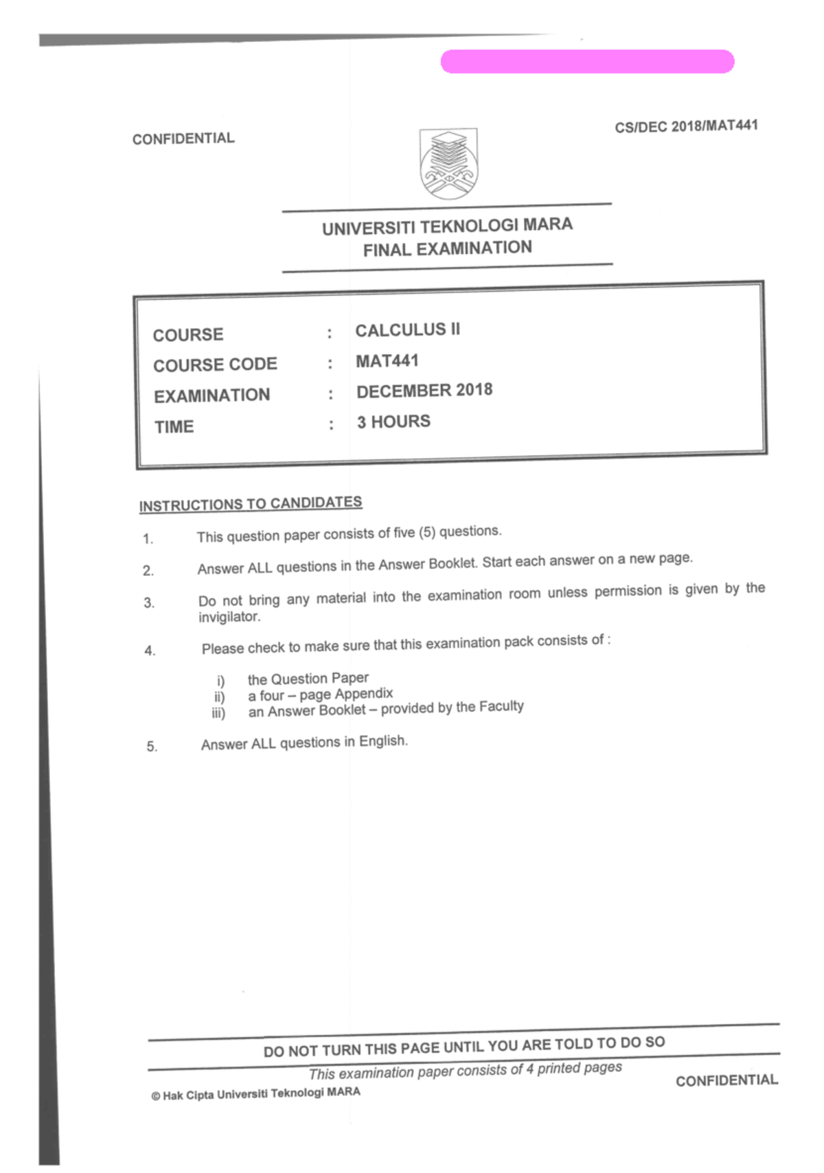 MAT441 DEC2018 PAST YEAR QUESTIONS 0 ÷ a Question I a) i ) cos
