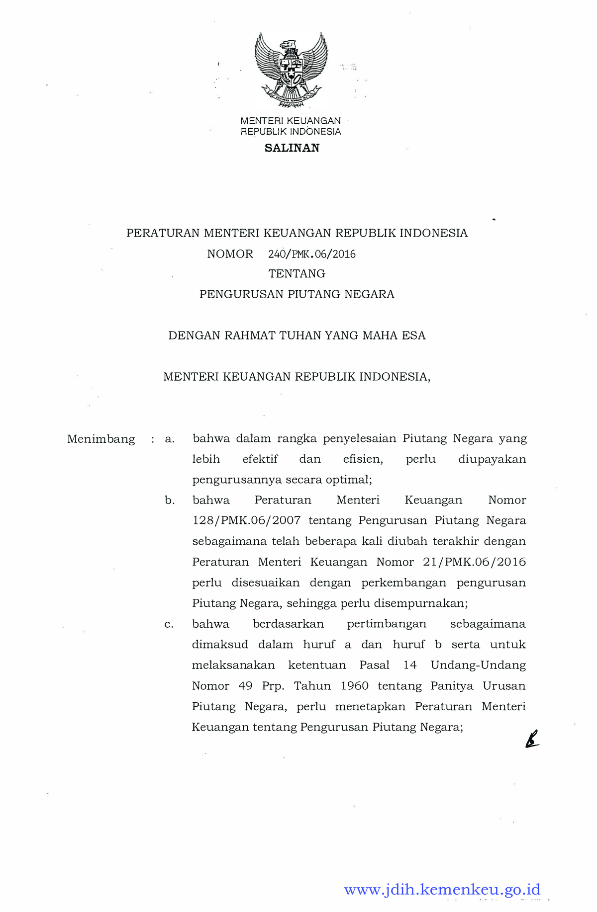 PMK-Nomor-240PMK062016 - MENTERIKEUANGAN REPUBLIK INDONESIA SALINAN ...