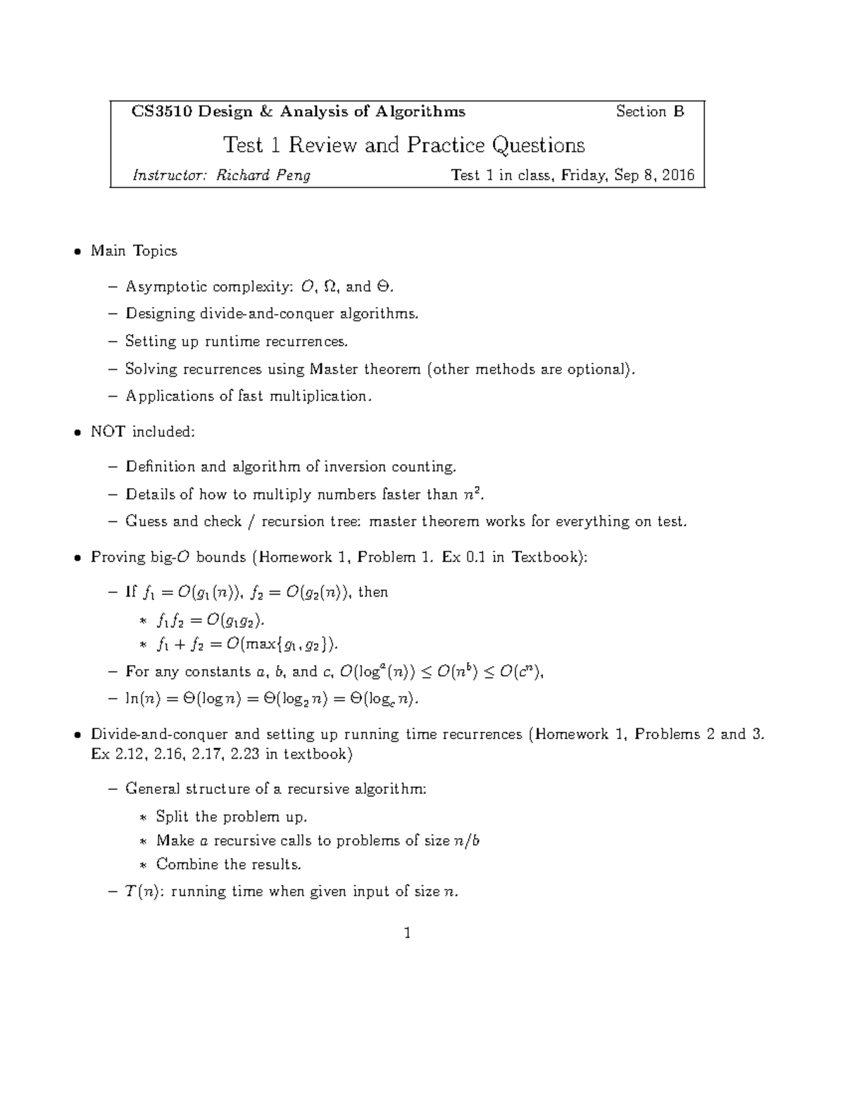 Test 1 Review - Practice Tests - CS3510 Design & Analysis Of Algorithms ...