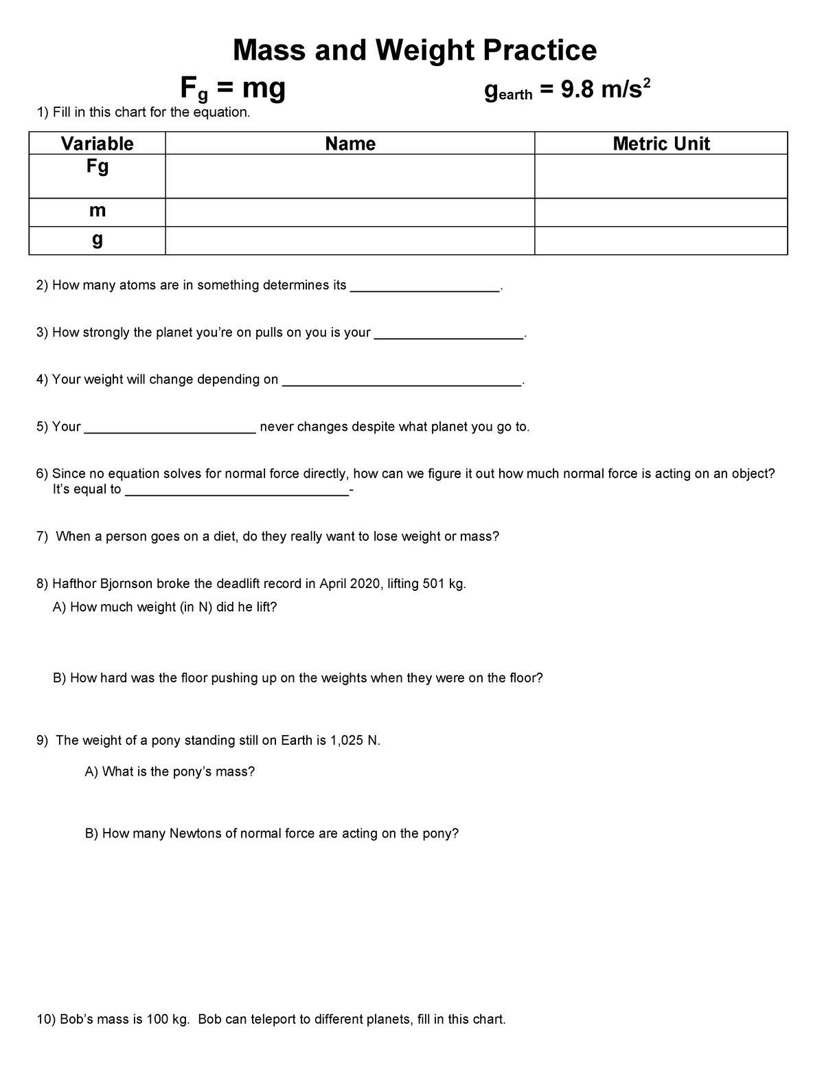 A-Mass and Weight Worksheet DL - Mass and Weight Practice Fg = mg ...