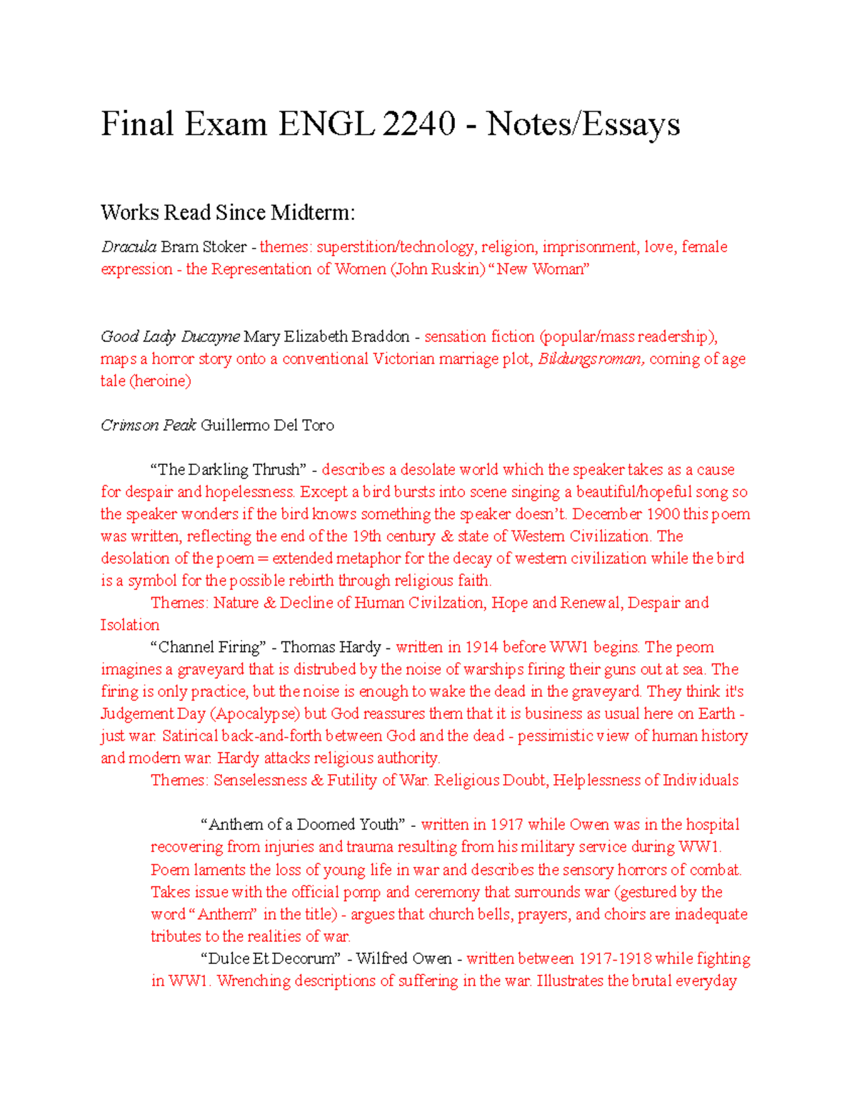 ENGL 2240 Final Exam Notes - Final Exam ENGL 2240 - Notes/Essays Works ...