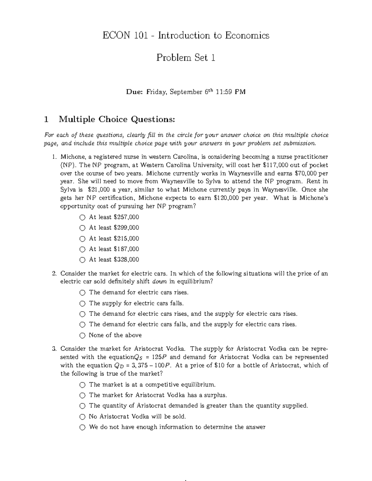 PS 1 - n/a - ECON 101 - Introduction to Economics Problem Set 1 Due ...