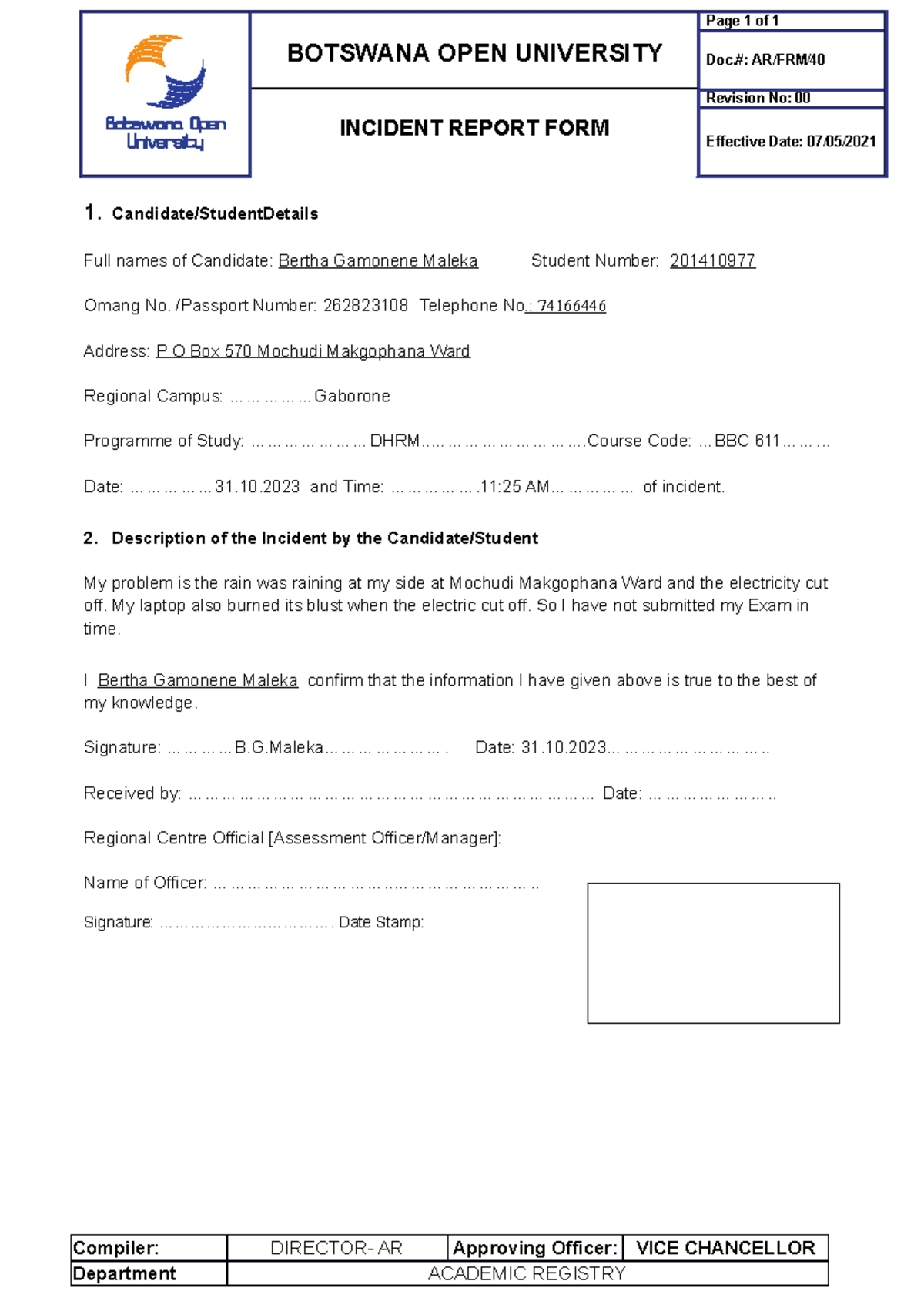 Incident Report Form Form Final 1 (2) For Exam - Botswana Open 