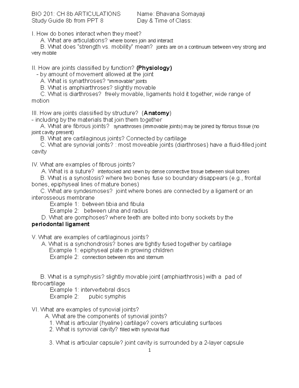 SG BIO201 CH 8 Joints - Study Guide - BIO 201: CH 8b ARTICULATIONS Name ...