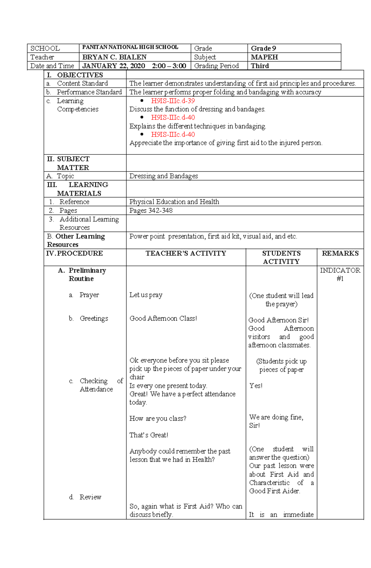 Lesson Plan in Health - SCHOOL PANITAN NATIONAL HIGH SCHOOL Grade Grade ...