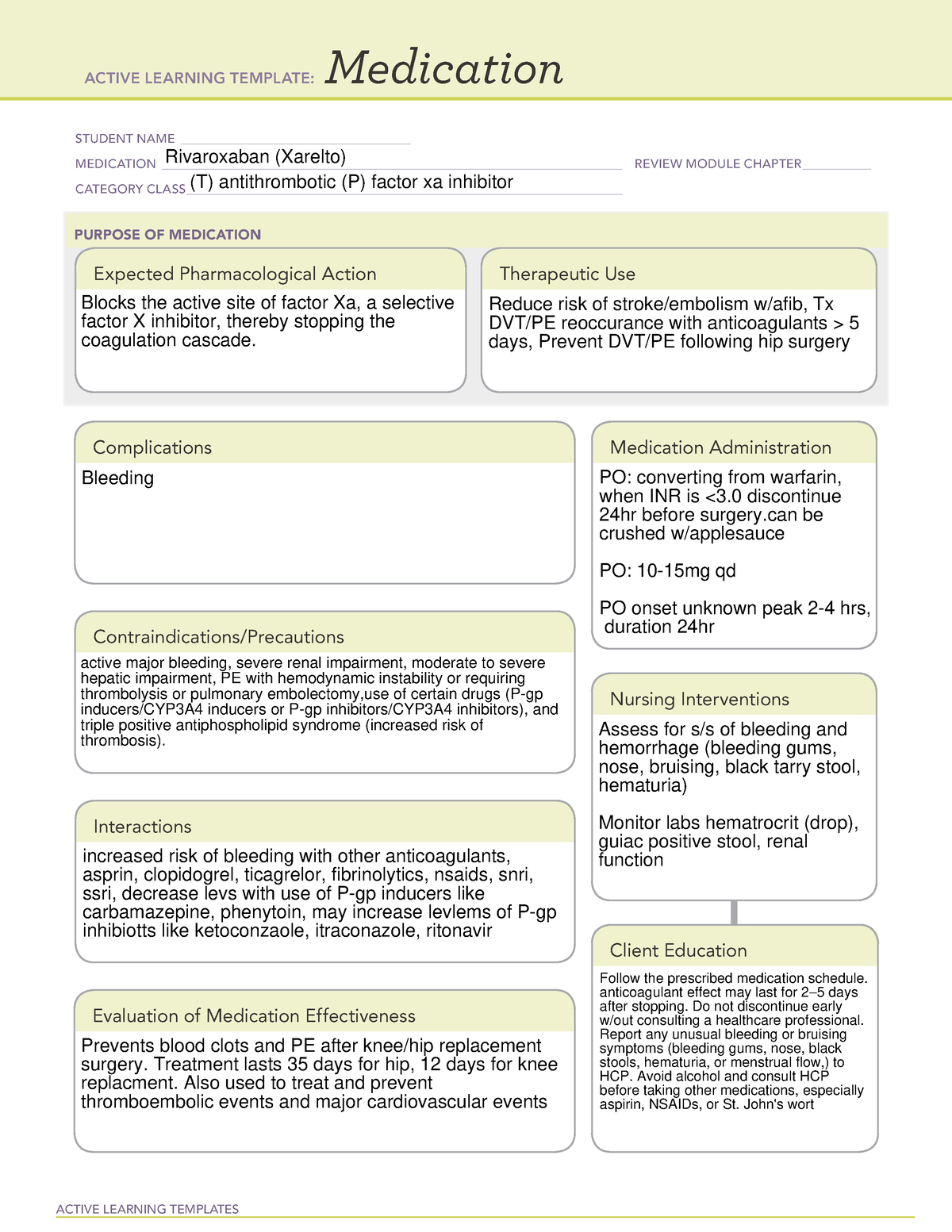 Rivaroxaban - medss - ACTIVE LEARNING TEMPLATES Medication STUDENT NAME ...