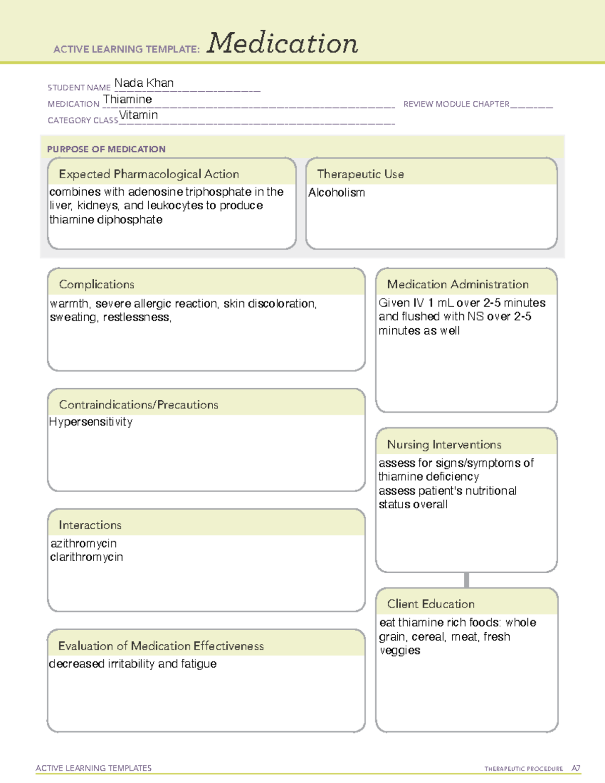 Thiamine - ATI TEMPS - ACTIVE LEARNING TEMPLATES TherapeuTic procedure ...