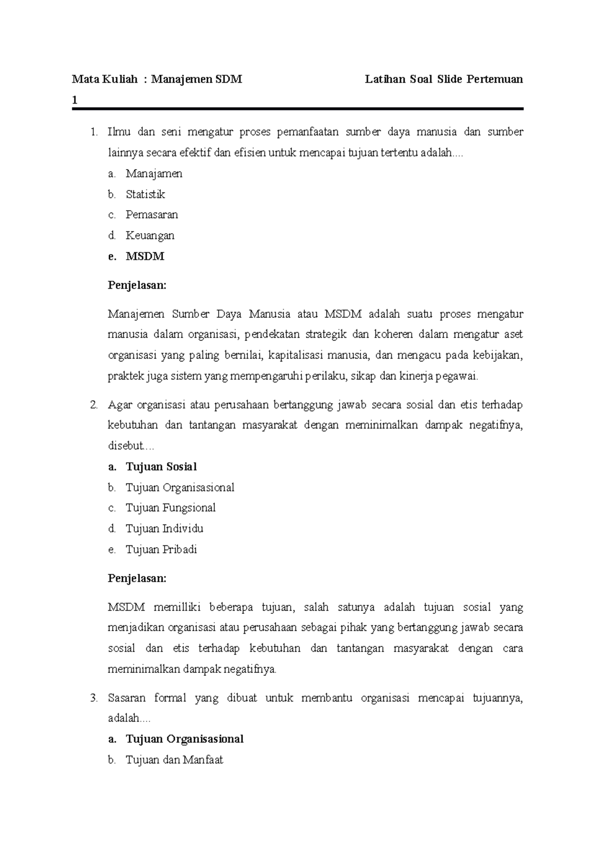 Jawaban Slide Pertemuan 1 MSDM - Mata Kuliah : Manajemen SDM Latihan ...