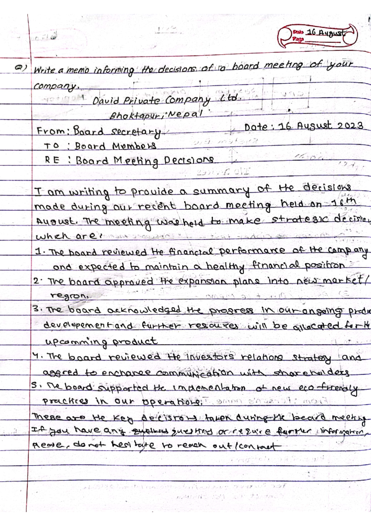 Technical Writing Passing Note - Date 16 August Page Q) Write a memo ...