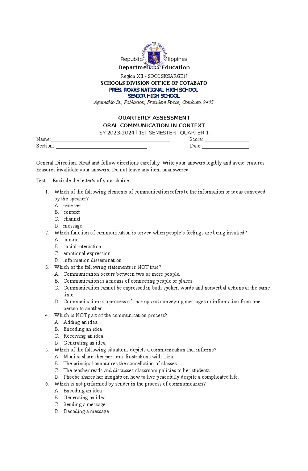 OCC EXAM - First quarter assessment in oral communication - Republic of ...