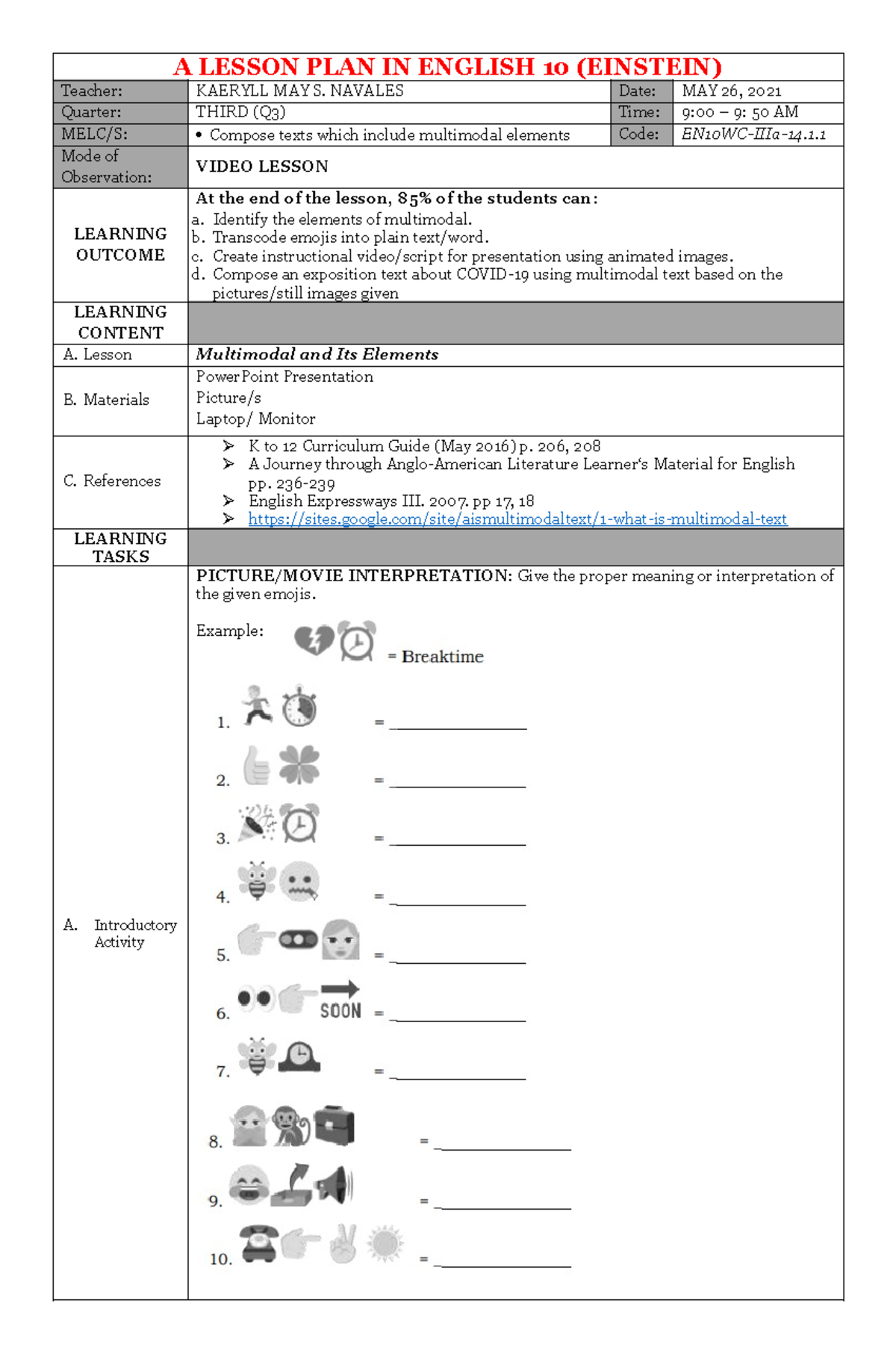 554901015 COT 2 LP - NOTHING - A LESSON PLAN IN ENGLISH 10 (EINSTEIN ...