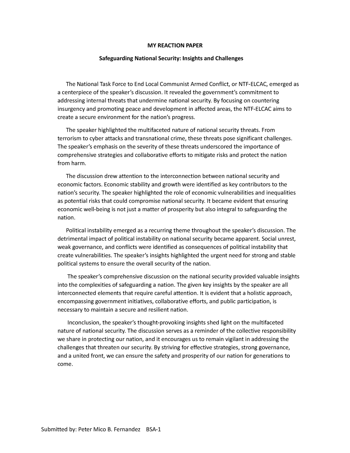 Reaction paper - MY REACTION PAPER Safeguarding National Security ...
