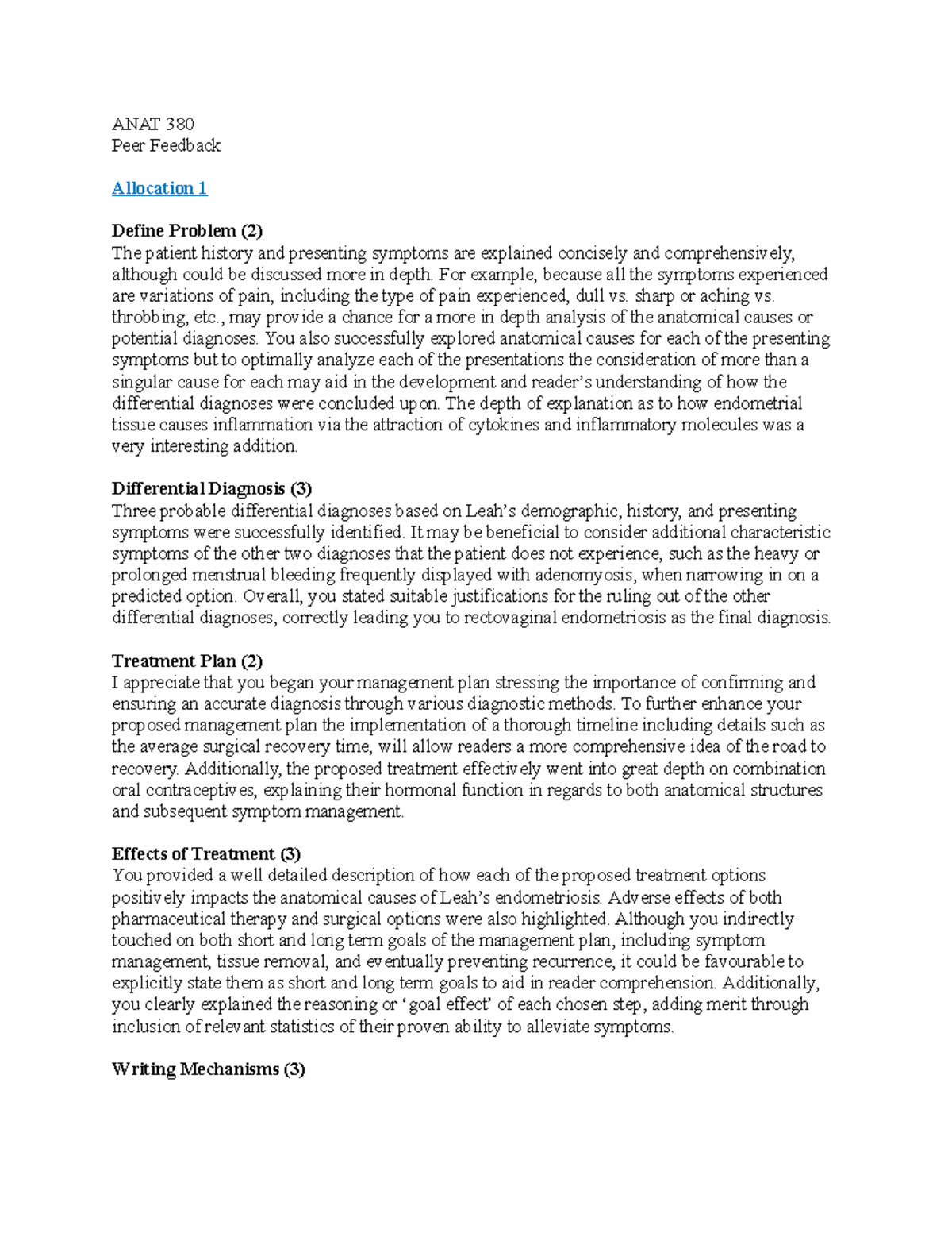 Clinical Case - Milestone 4 - ANAT 380 Peer Feedback Allocation 1 ...