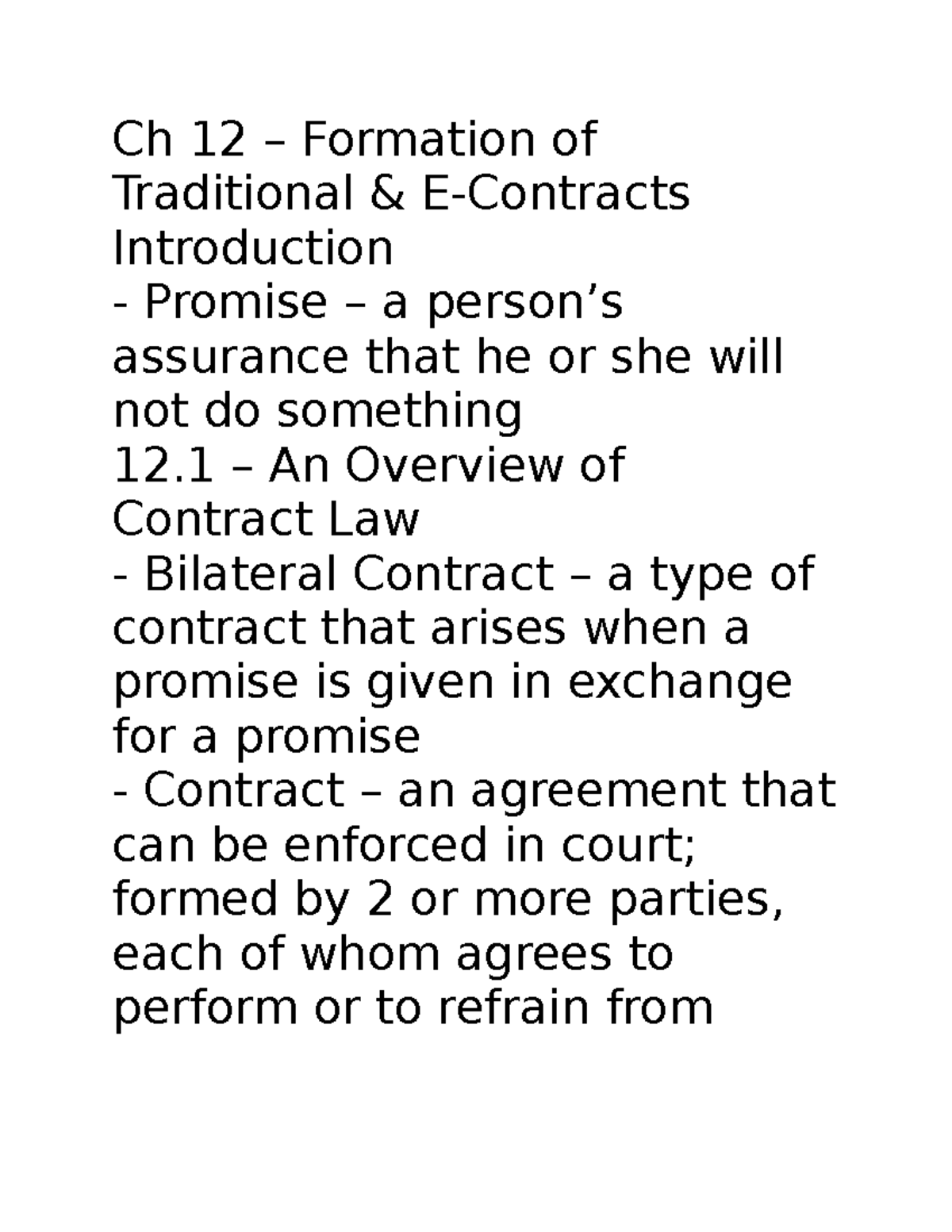 Chapter 12 Summary Contract Ch 12 Formation Of Traditional E chapter-12-summary-contract-ch-12-formation-of-traditional-e