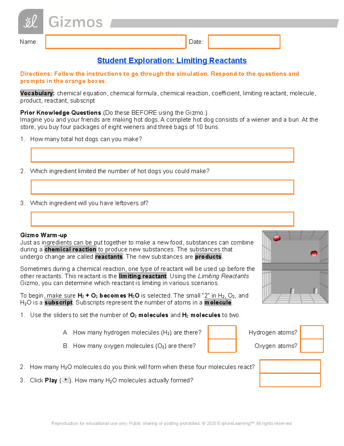 Student Exploration Limiting Reactants - Name: Date: Student ...