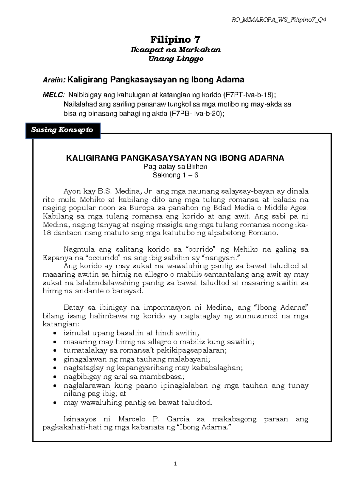 Filipino 7WS Q4 Week 1 - Modyul Sa Ikaapat Na Markahan- Ibong Adarna ...