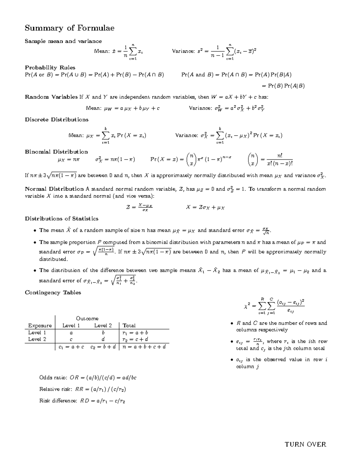 Stats 110 Formula Sheet - Summary of Formulae Sample mean and variance ...