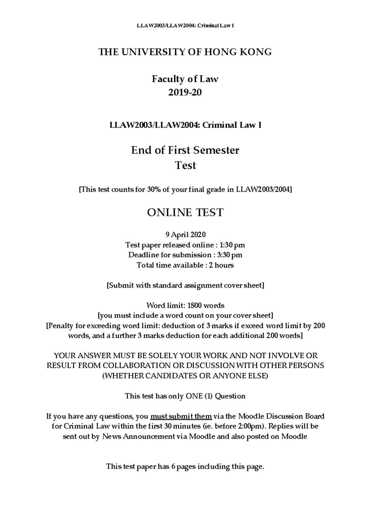 1.1 2019-20 Test Paper - THE UNIVERSITY OF HONG KONG Faculty of Law ...