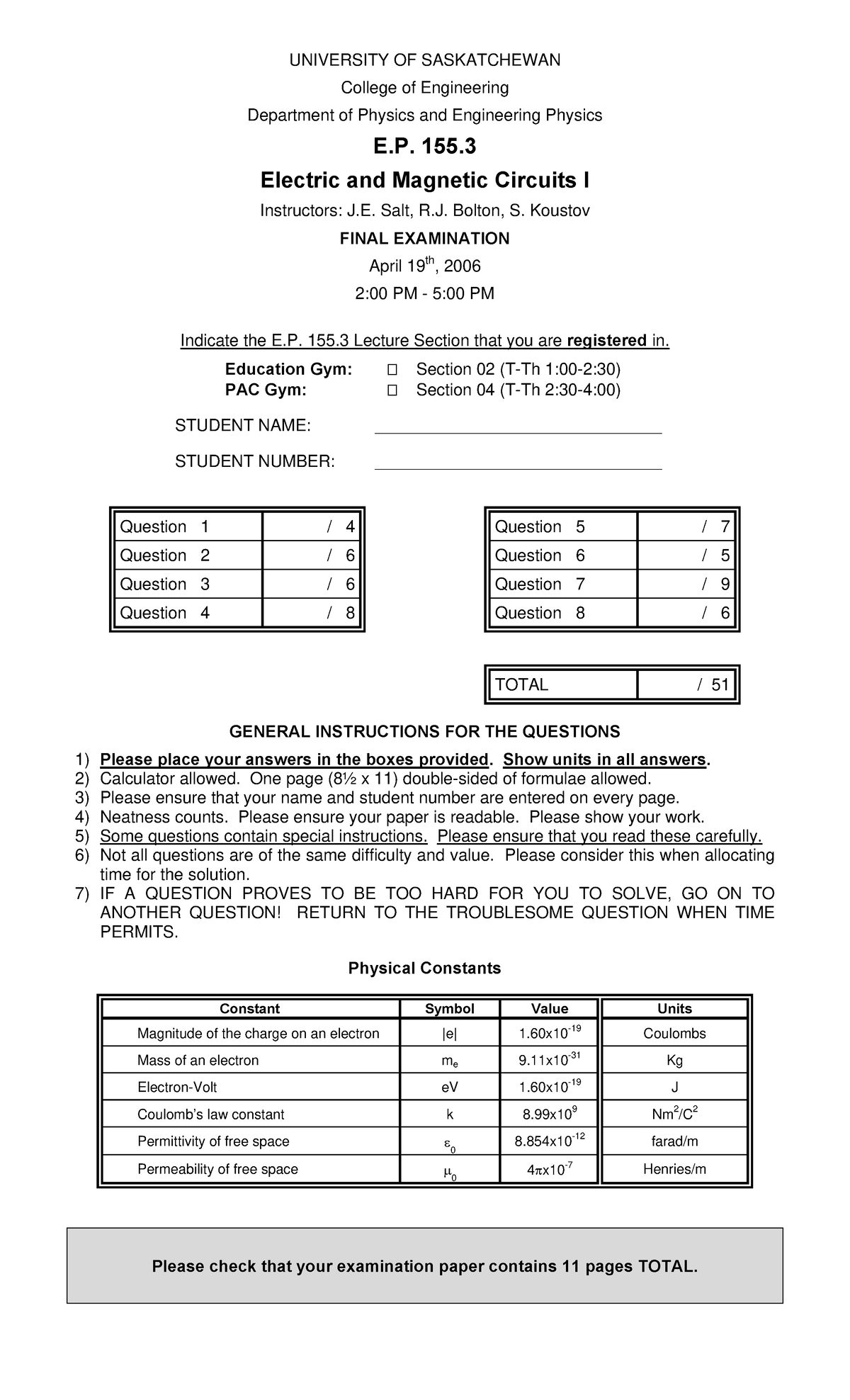 All Final Exmams Phys 155 - UNIVERSITY OF SASKATCHEWAN College of ...