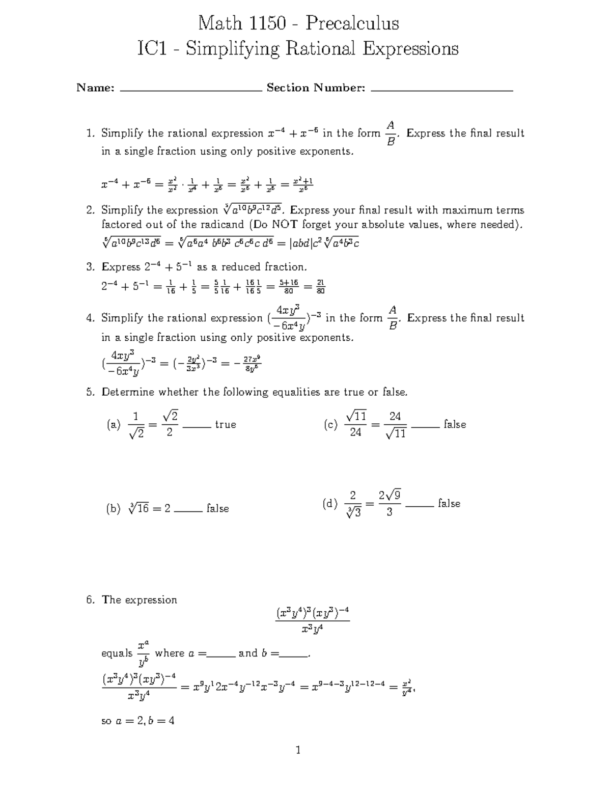 Simplifying Rational Functions - Math 1150 - Precalculus IC1 ...