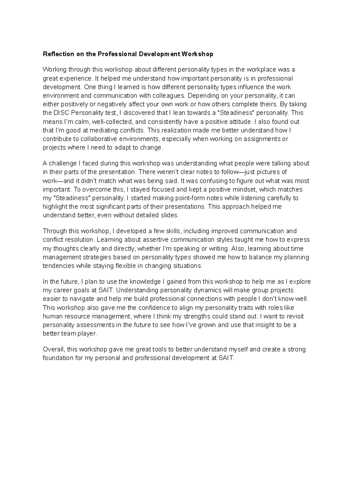 Professional Development Workshop Personality - Reflection on the ...