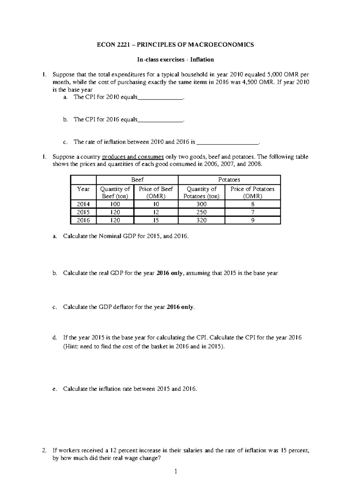 Excersises on Inflaion - 1 ECON 2221 – PRINCIPLES OF MACROECONOMICS In ...