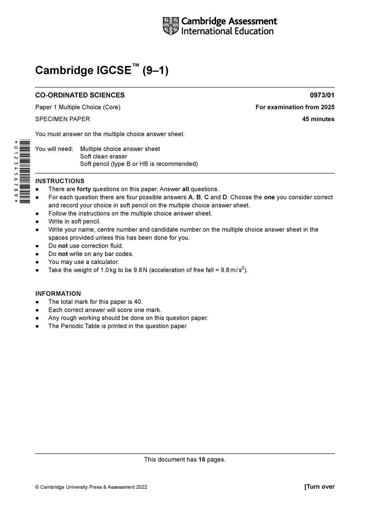 671669 2025 Specimen Paper 1 - Cambridge IGCSE ™ (9–1) CO-ORDINATED ...