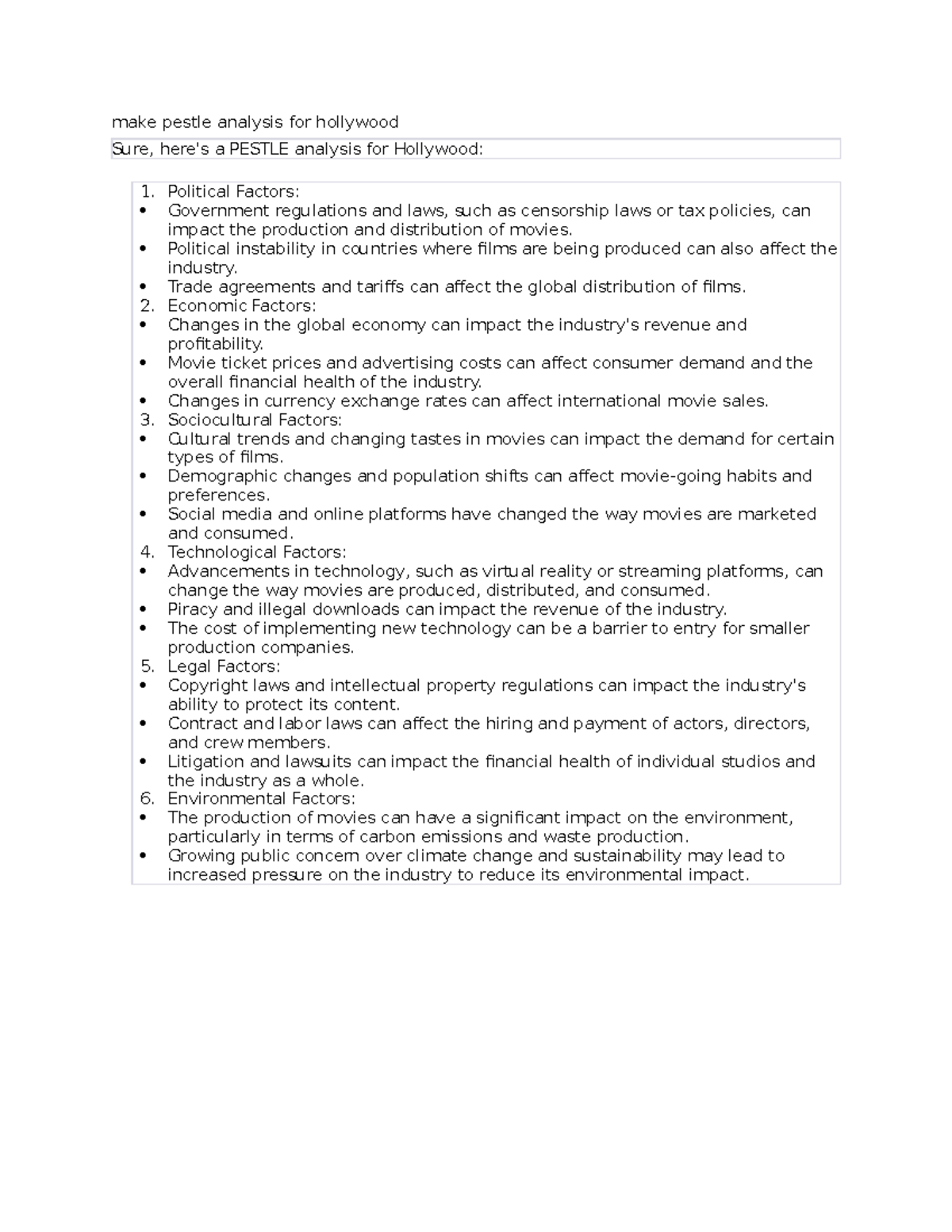 Pestel analysis for film industry make pestle analysis for hollywood Sure, here's a PESTLE