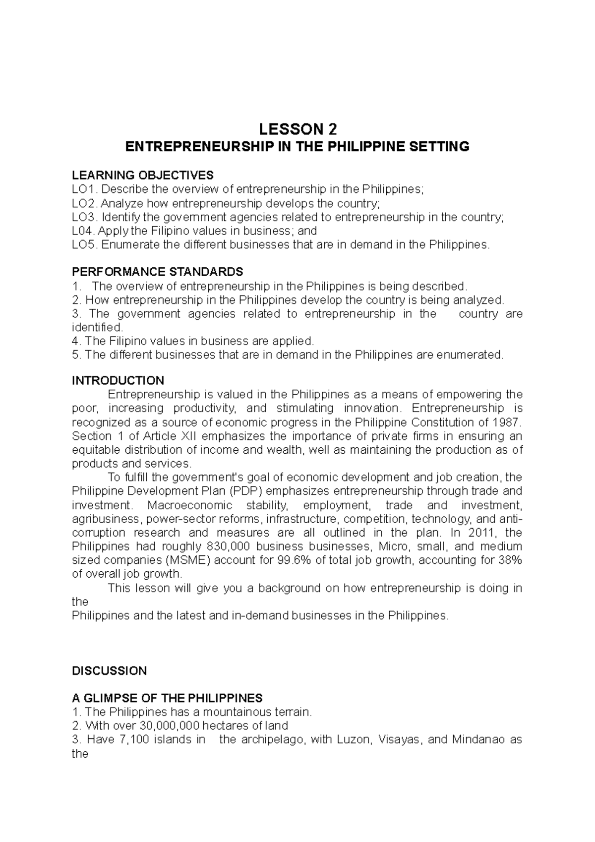 ETH 2 - Entrepreneurship IN THE Philippine Setting - A GLIMPSE OF THE ...