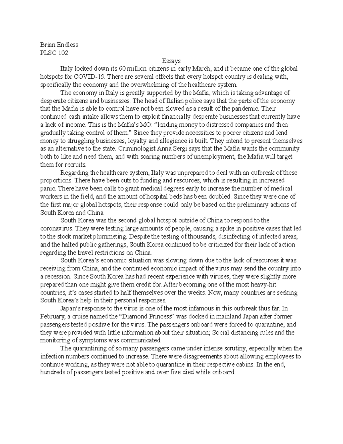 Plsc 102 Essays - Brian Endless PLSC 102 Essays Italy locked down its ...