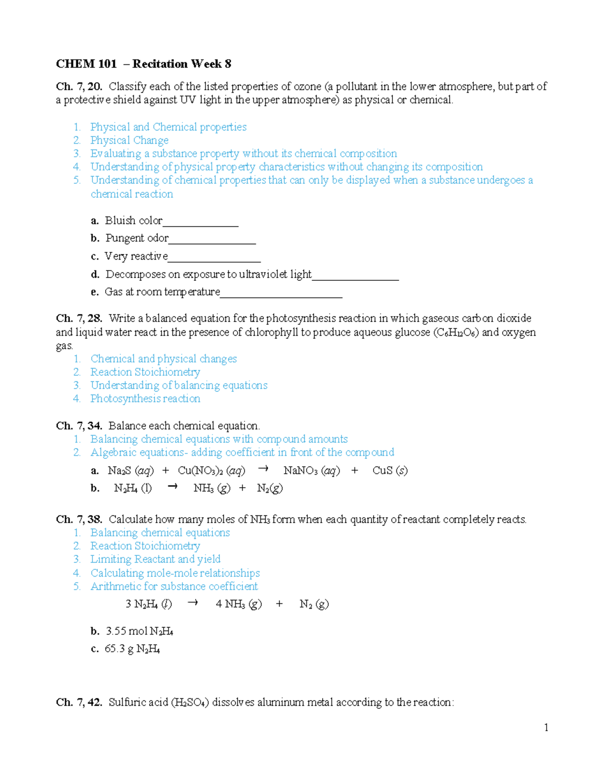 CHEM 101 Recitation Week 8 - CHEM 101 – Recitation Week 8 Ch. 7, 20 ...