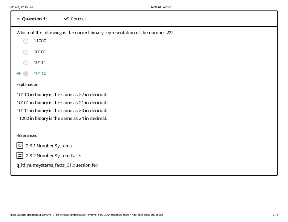 Test Out Quiz Chapter 2.3.7 Question 1 Correct Which of the
