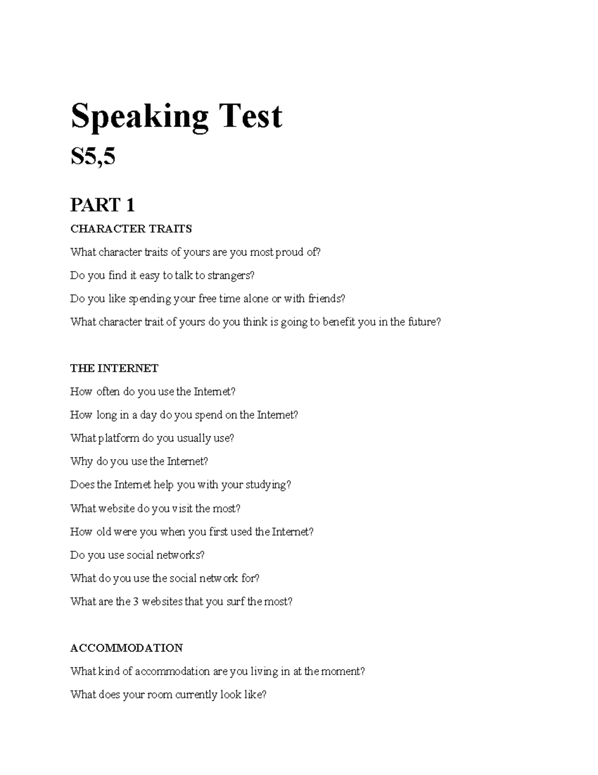 Speaking-Test-S5 - S5.5 - Speaking Test S5, PART 1 CHARACTER TRAITS ...