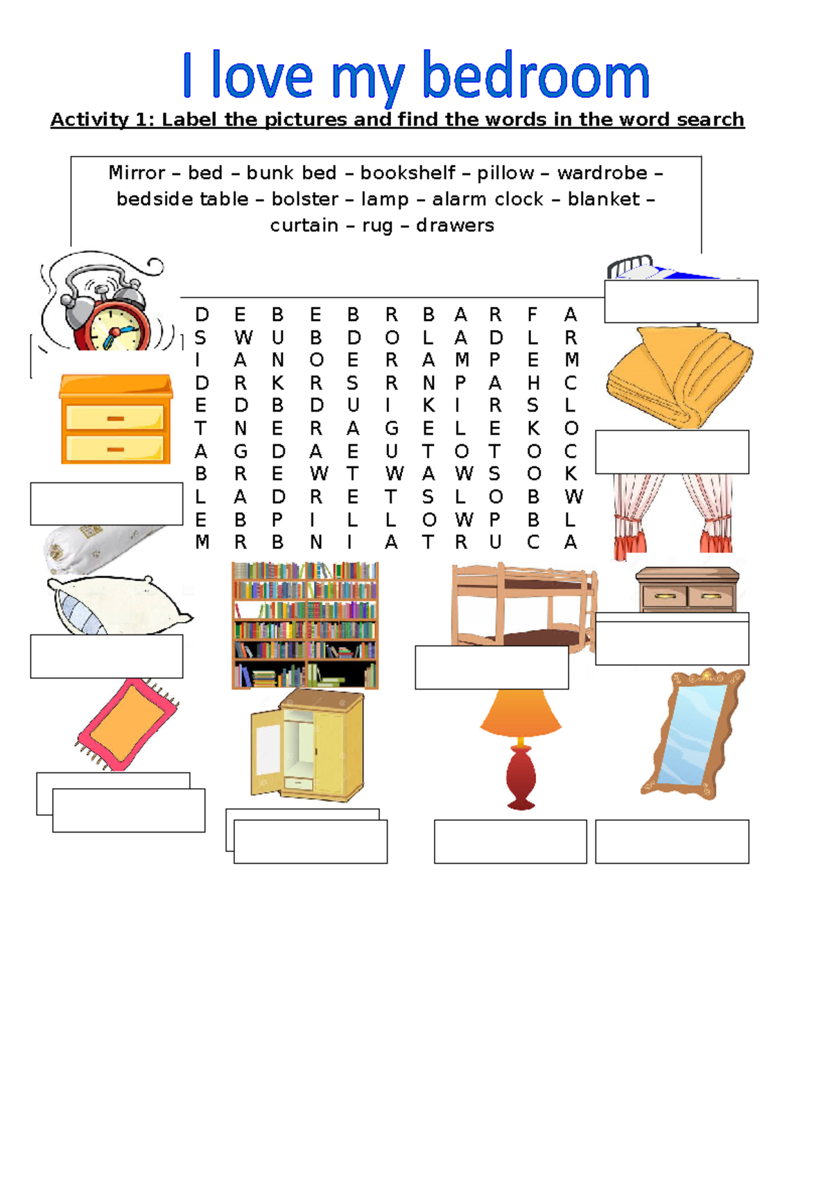 My-bedroom 107969 - BEDROOM WORKSHEET - Activity 1: Label the pictures ...