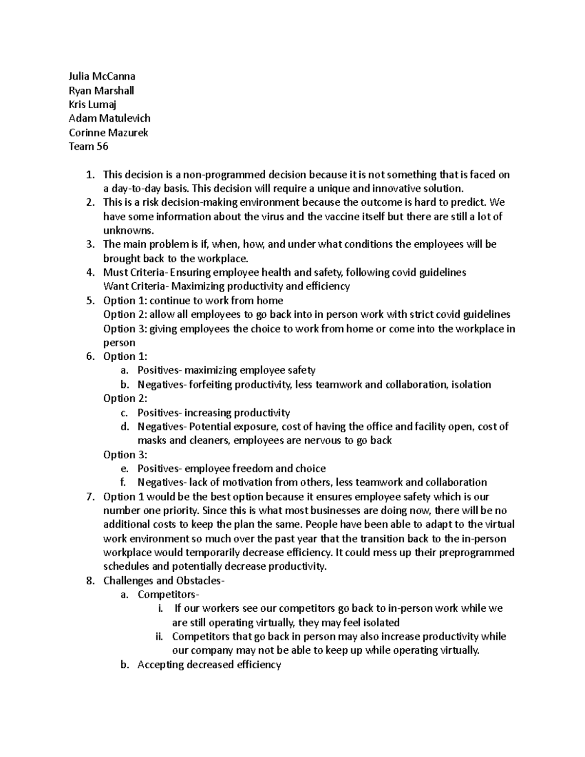 Case 1- MGMT 301 - Case 1 - Julia McCanna Ryan Marshall Kris Lumaj Adam ...