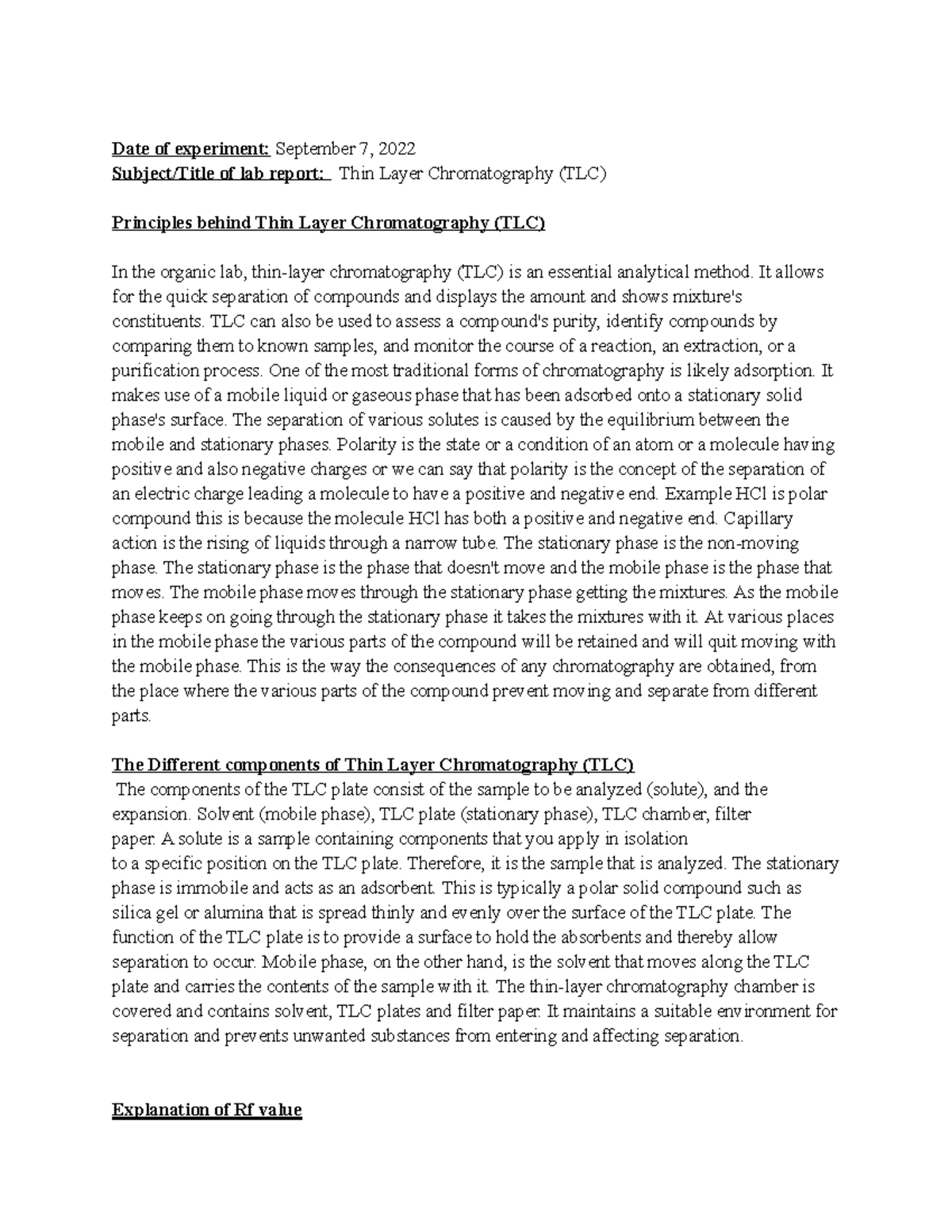 TLC Chromatography Lab Date of experiment September 7, 2022 Subject