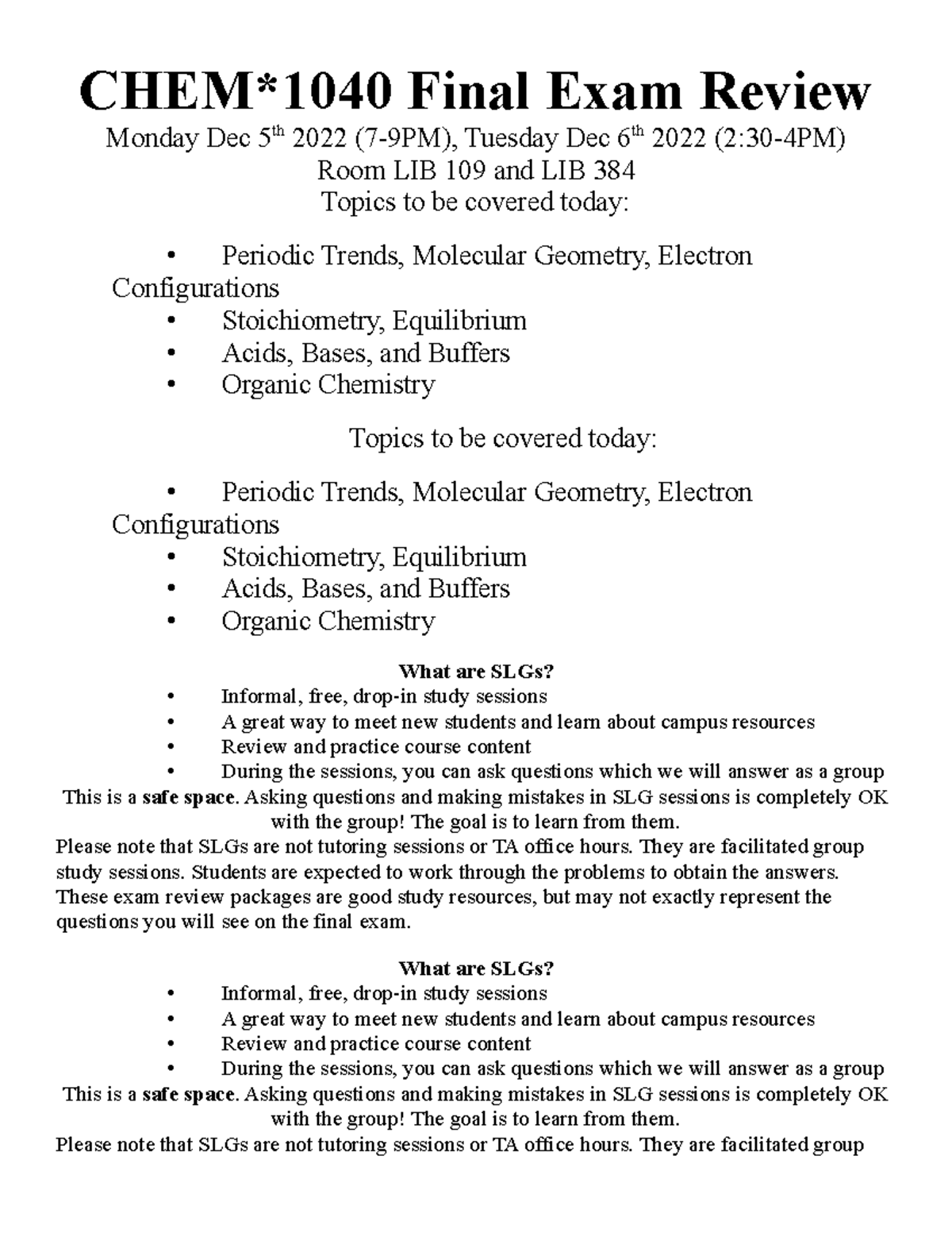 CHEM1040 F22 Exam Review Handout - CHEM*1040 Final Exam Review Monday ...