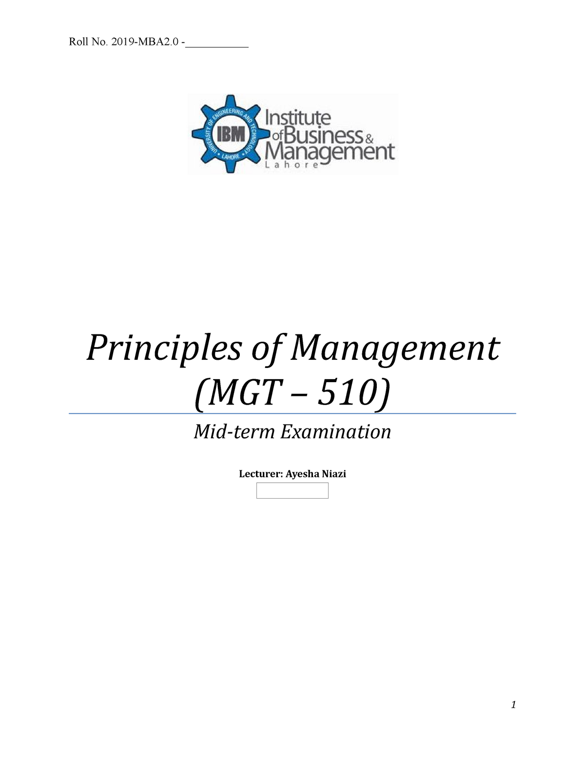 Principles Of Management - Mid-term Exam October 2019 - Principles Of ...