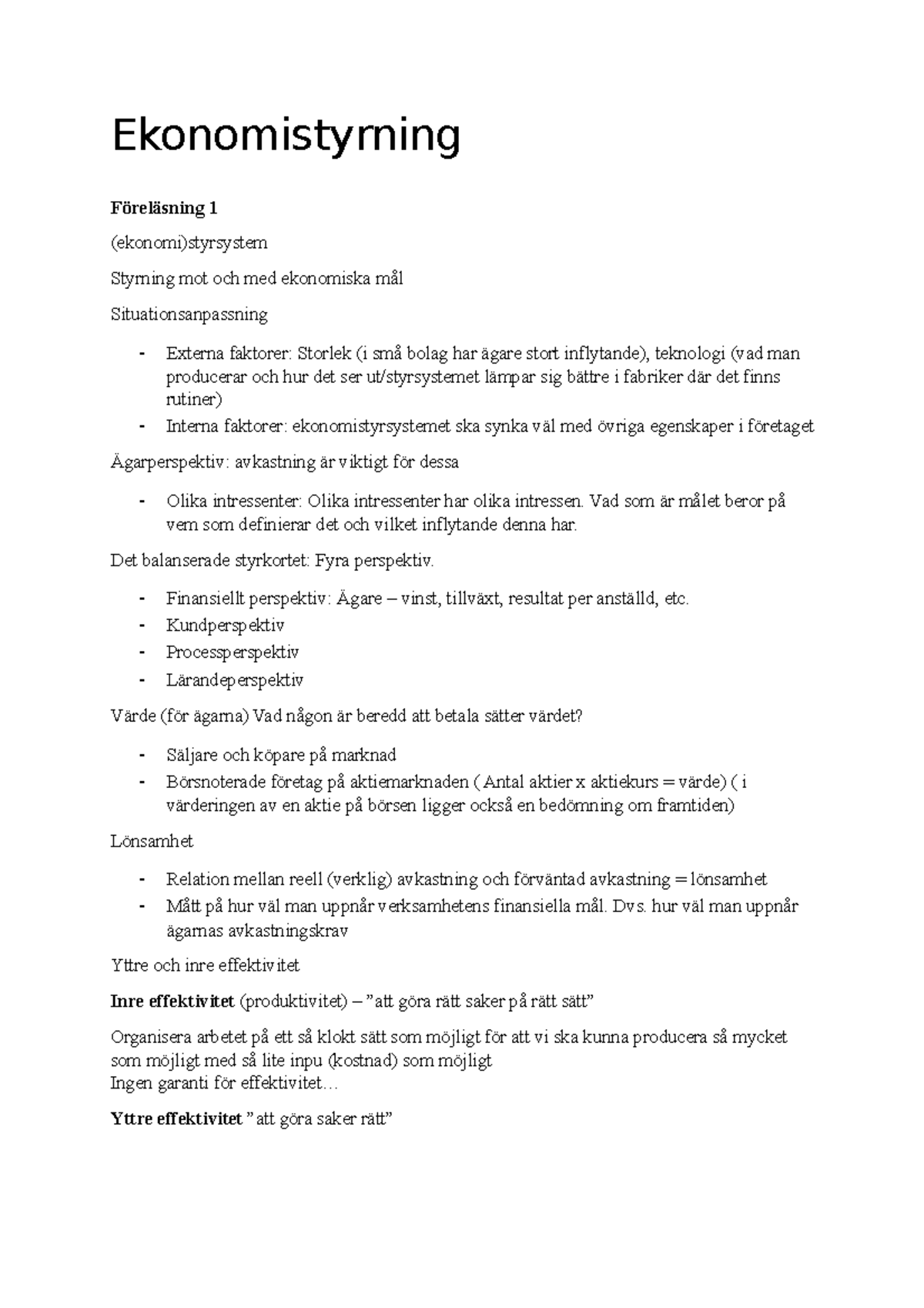 Ekonomistyrning - Ekonomistyrning Föreläsning 1 (ekonomi)styrsystem ...