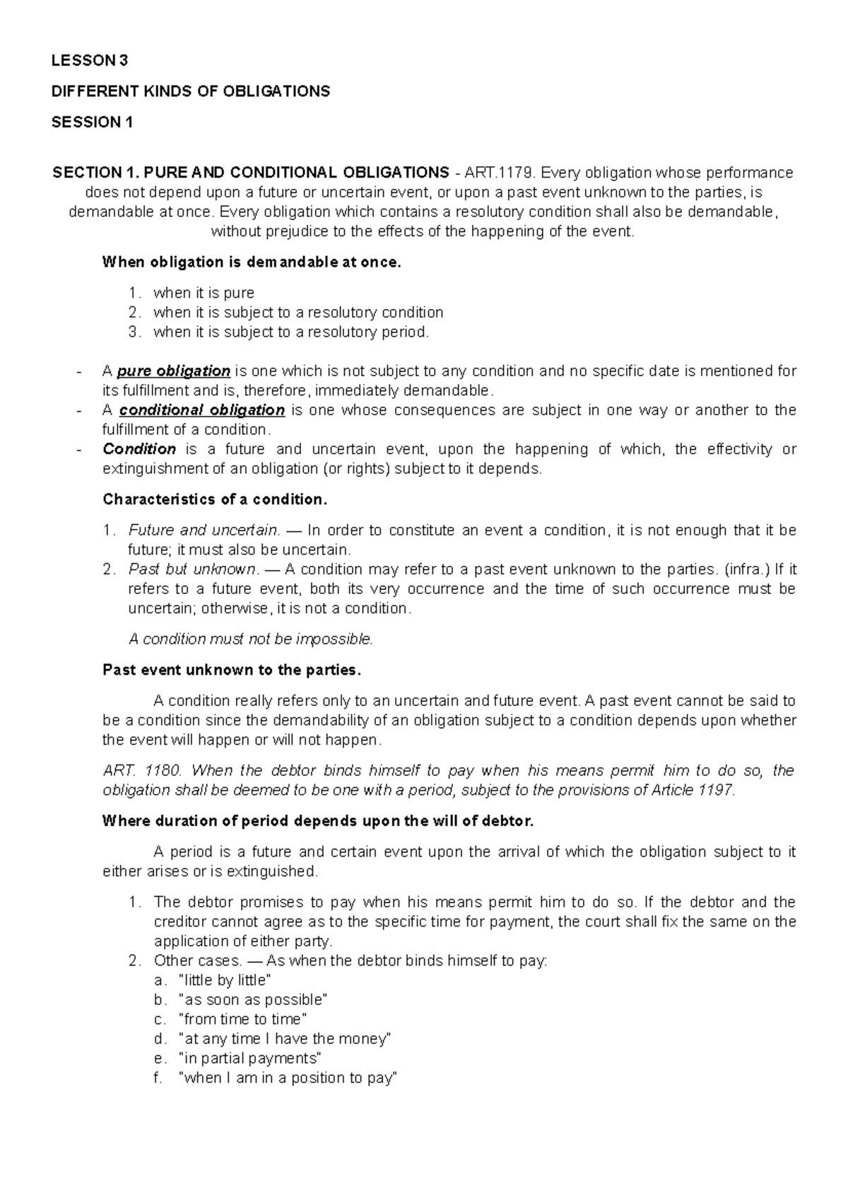 Lesson 3 LAW ON OBLIGATIONS AND CONTRACT - Accountancy - Xavier - Studocu