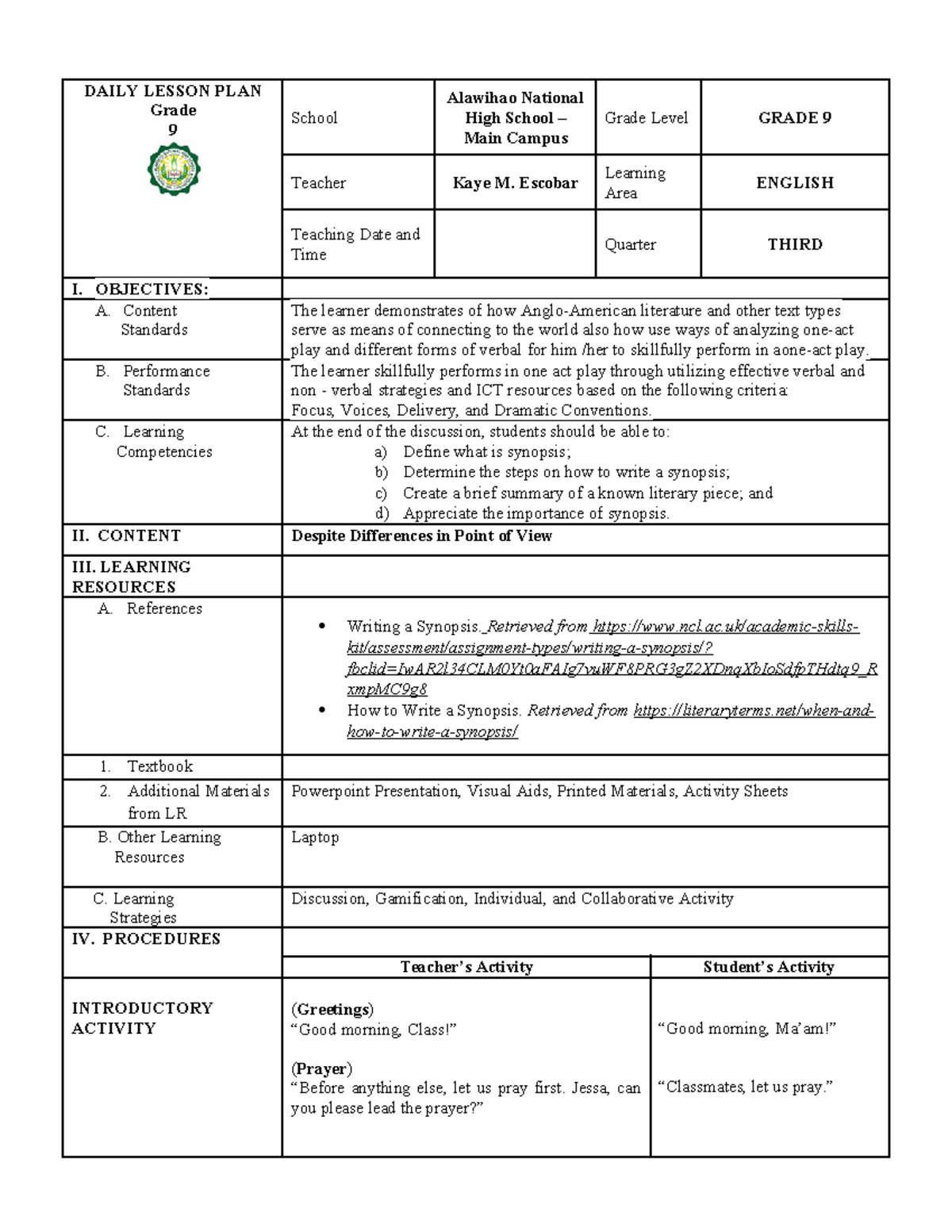 1st Dlp - Eng 9 - DLP - DAILY LESSON PLAN Grade 9 School Alawihao ...