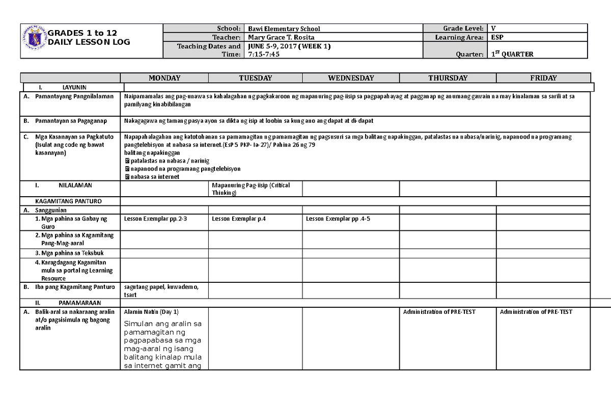 DLL ESP 5 Q1 W1 - education - GRADES 1 to 12 DAILY LESSON LOG School ...